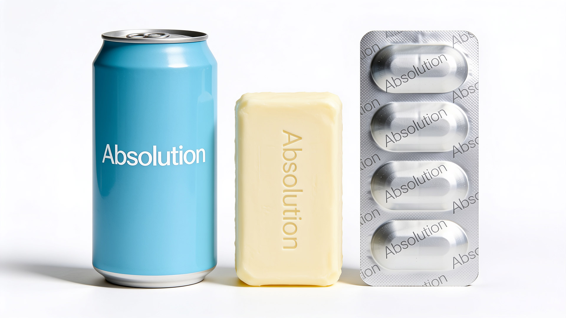 Absolution by W. T. Falscher: a fake shop selling forgiveness as butter, a drink and a suppository — all sold out. A satire on buying a clean conscience.
